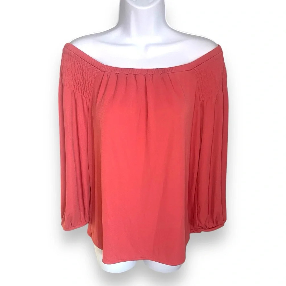 Ann Taylor Coral Off-Shoulder Top Size Small - Smocked Detail & Flowing Sleeves